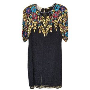 Vintage Black Silk Beaded Dress Jewel Tone Sequins Open Back Cocktail Size M